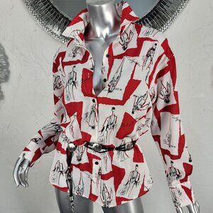 NWOT~$89~KARL LAGERFELD~S/M/L~OVERSIZED RED WHITE BLACK BLOUSE SHIRT TOP